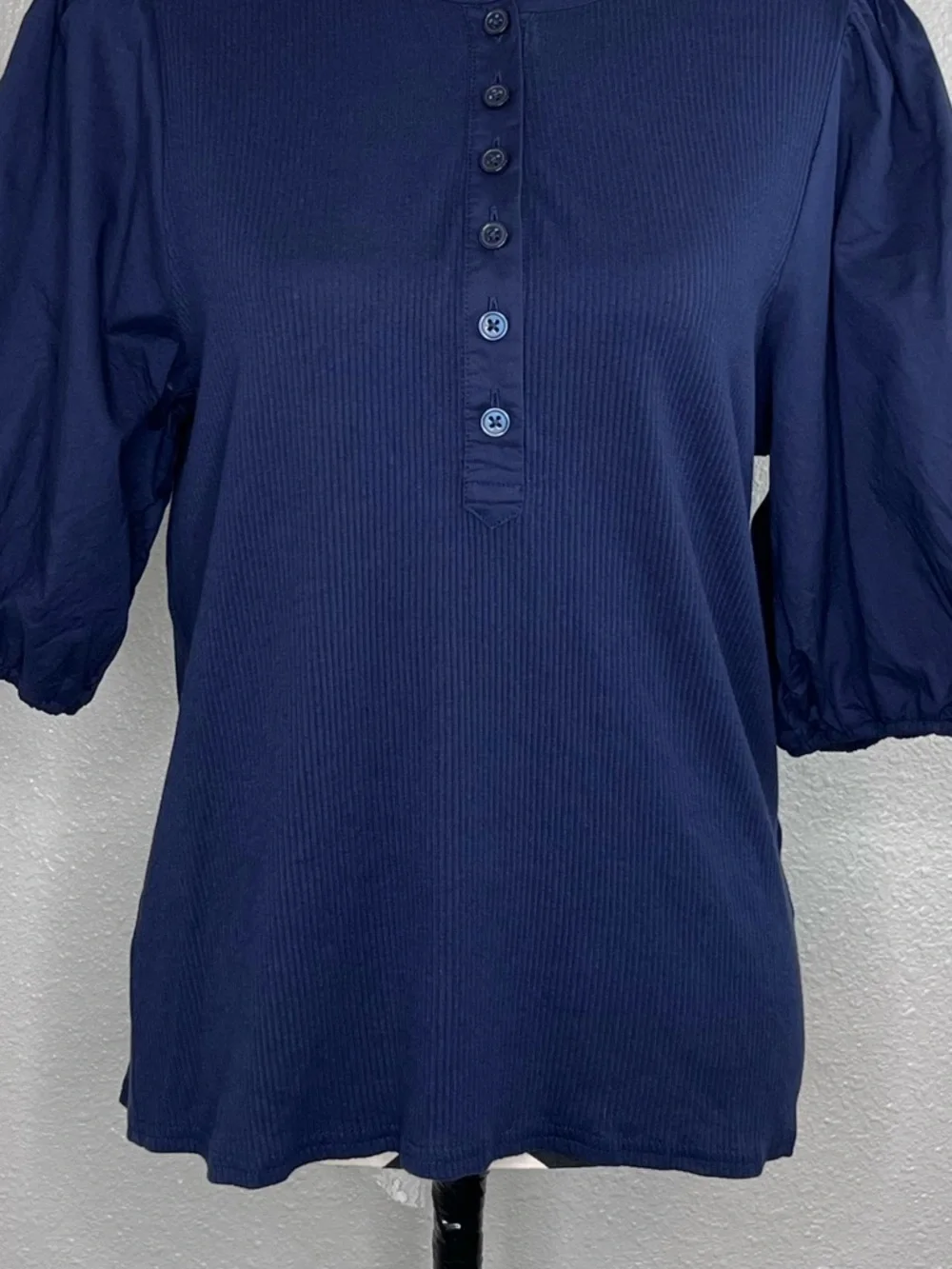 J. Crew Sz XL Navy Blue Perfect Rib Puff-sleeve Henley Shirt